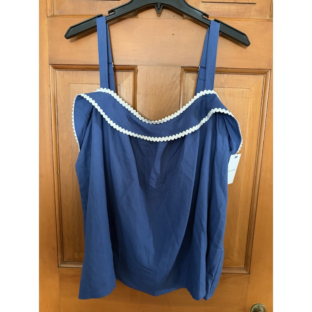 Women's Solid & Stripe Rick-Rack Trim Linen Blend Tank Top Navy Blue Large NWT